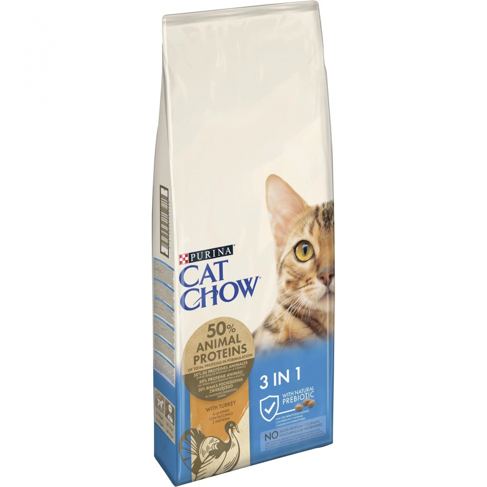 АКЦИЯ Cat Chow Feline 3-in-1 сухой корм с индейкой для кошек 15 кг  -  Корм для кошек Cat Chow  