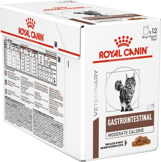 АКЦИЯ Royal Canin Gastrointestinal Moderate Calorie влажный корм для кошек при расстройствах пищеварения 8+4 по 85 г  -  Влажный корм для котов -   Потребность: Обмен веществ и пищеварение  