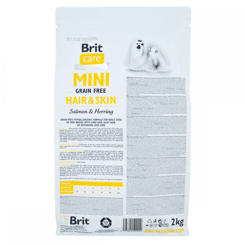 Brit Care GF Mini Hair & Skin сухой корм для взрослых собак мелких пород имеющих длинную шерсть с лососем и сельдью  -  Сухой корм для собак -   Класс: Супер-Премиум  