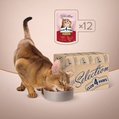 Акція вологий корм Club 4 paws 85г смужки для кішок з куркою 12шт + 12шт в подарунок  -  Вологий корм для котів -   Вага консервів: Більше 1000 г  