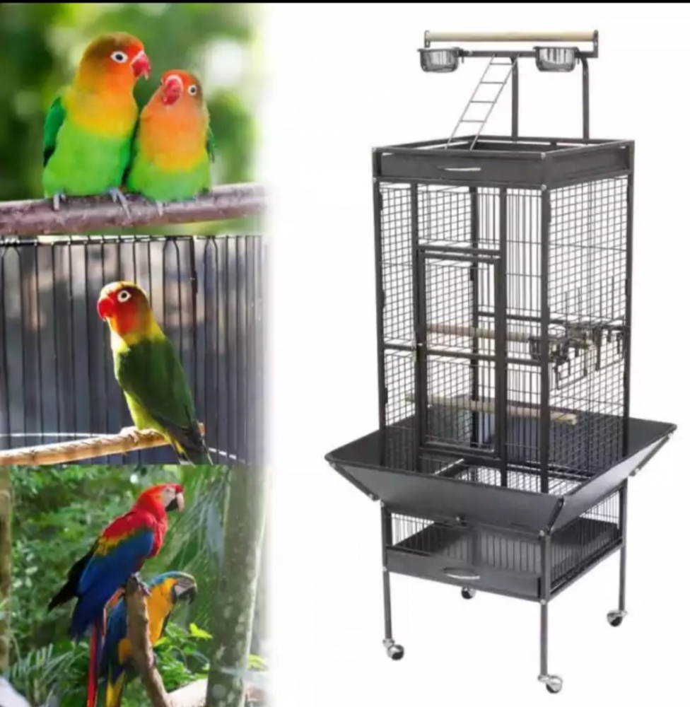 Клетка для птиц на колесах 2 жердочки, 4 кормушки и лесенка 46х46х151 см  - Клетки для попугаев и птиц