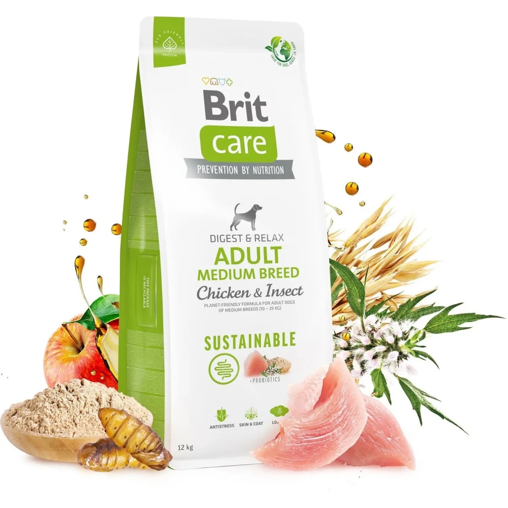 Brit Care Dog Sustainable Adult Medium Breed Сухой корм для собак средних пород с курицей и насекомыми, 1 кг  -  Сухой корм для собак -   Класс: Супер-Премиум  