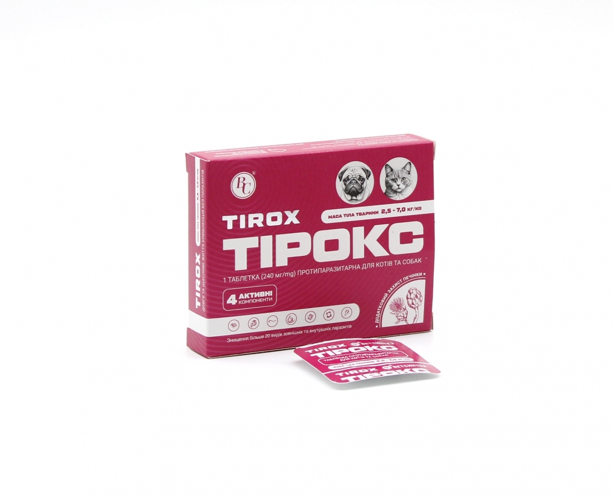 Таблетки Тирокс №1 противопаразитарные для собак и кошек весом 2,5-7 кг розовые, 240 мг  -  Собаки -    