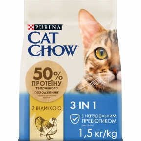 АКЦИЯ CAT CHOW FELINE 3в1 сухой корм с индейкой для кошек 1,5 кг