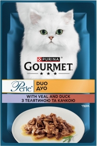 Purina Gourmet Perle Duo влажный корм для кошек с телятиной и уткой мини филе в подливке 85 г