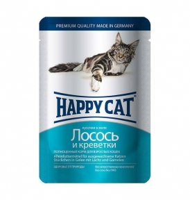 Вологий корм Happy Cat для дорослих кішок лосось і креветки 100г