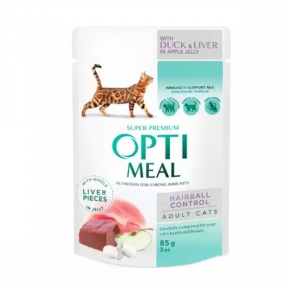 Optimeal консерва для кошек для выведения шерсти с уткой и печеными яблоками в желе 85г