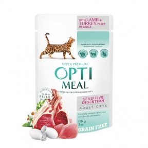 Optimeal консерва для кошек с чувствительным пищеварением с ягненком и филе индейки 85г