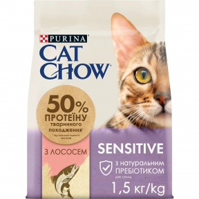 АКЦИЯ Cat Chow Sensitive сухой корм с лососем для кошек с чувствительным пищеварением и кожей 1,5 кг