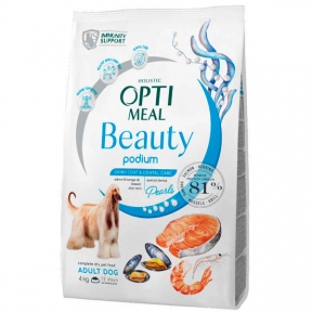 Акция 1+1! OptiMeal Beauty Podium Adult Dog Сухой корм для собак для здоровья кожи и ухода за зубами с морепродуктами, 4 кг