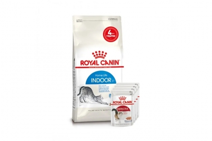 АКЦИЯ Royal Canin INDOOR для кошек в возрасте от 1 года до 7 лет набор корму 2 кг + 4 паучи