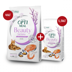 Акция! OptiMeal Beauty Harmony Adult Cat Сухой корм для котов с мягким успокоительным эффектом с морепродуктами, 4 кг + 1,5 кг