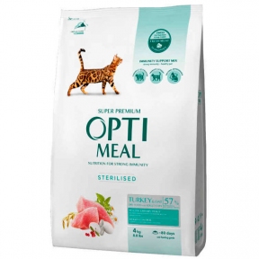 Акция! OptiMeal Turkey Sterilized Cat Сухой корм для стерилизованных котов с индейкой и овсом, 1,5 кг