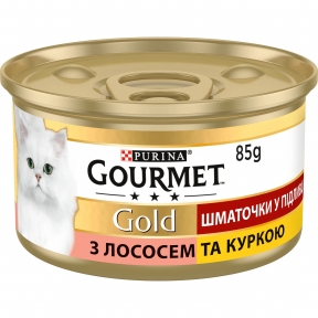 АКЦИЯ Gourmet Gold Кусочки в подливе влажный корм с лососем и курицей для кошек 85 гр