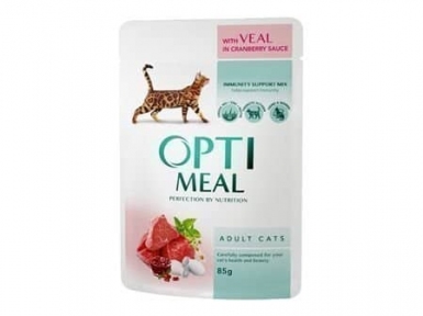 Акция Optimeal Влажный корм для кошек с телятиной в клюквенном соусе 12 шт 85г