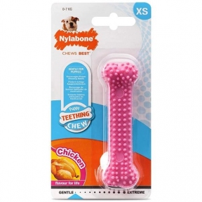 Nylabone Puppy Chew Dental Bone Нилабон дентал боун жевательная игрушка кость для щенков до 7 кг, вкус курицы, розовая. 