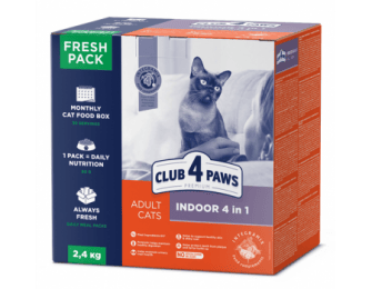 Club 4 paws (Клуб 4 лапы) FreshPack INDOOR 4 IN 1 месячный запас сухого корма для котов и кошек 2.4кг -  Корм Клуб 4 Лапы для кошек 
