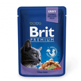 Brit Premium Cat pouch вологий корм для котів з тріскою 100г -  Корм для виведення вовни -    