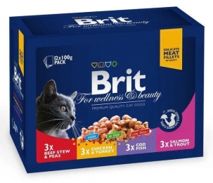 Brit Premium Cat м'ясна тарілка асорті набір павучів 4 смаки для котів по 100 г, 12 шт - Вологий корм для для кішок та котів