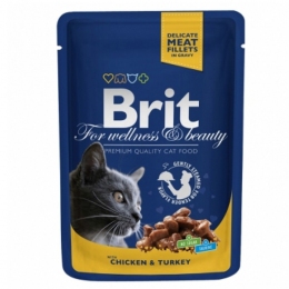 Brit Premium Cat pouch вологий корм для котів з куркою та індичкою 100г -  Корм для виведення вовни -    