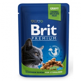 Brit Premium Cat pouch влажный корм для стерилизованных котов с кусочками курицы100г -  Корм для выведения шерсти Brit   