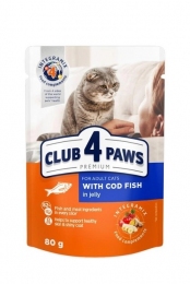 АКЦІЯ-25% Club 4 Paws Премиум - Влажный корм для взрослых кошек с Треской в желе 80 г -  Акция Сlub4Paws - Club 4 Paws     