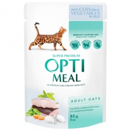 АКЦІЯ Optimeal Вологий корм для кішок з тріскою та овочами в желе, 85 г -  Вологий корм для котів -   Інгредієнт Тріска  