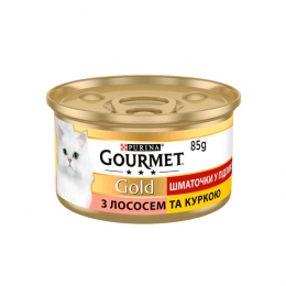 Gourmet Gold шматочки в соусі для котів із лососем і куркою, 85 г -  Корм для виведення вовни -    
