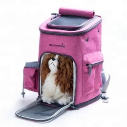 Рюкзак-переноска квадратный с сеткой для животных, текстиль, 34х40х30см серо-розовый - Рюкзаки - переноски для кошек