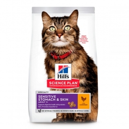 Hills Science Plan Feline Adult Sensitive Stomach & Skin Chicken сухой корм для кошек с курицей 300 г + 300 г  -  Лечебный корм для кошек Hills   