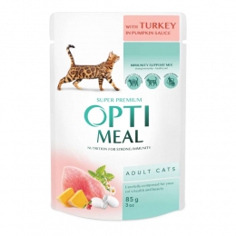 Optimeal Вологий корм для котів з індичкою в гарбузовому соусі 85г -  Оptimeal консерви для кішок 