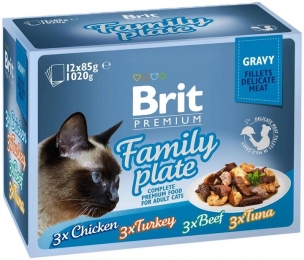 Набор паучей Brit Premium влажный корм для кошки - семейная тарелка в соусе 12 шт. х 85 г -  Консервы Brit для котов 
