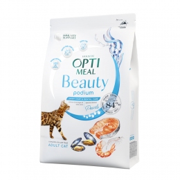 Optimal Beauty Podium сухий корм блискуча шерсть і догляд за зубами для кішок на основі морепродуктів 1.5 кг -  Корм для виведення вовни -    