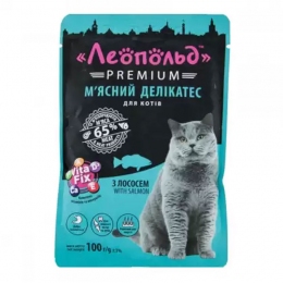 Леопольд premium Мясной деликатес с лососем для кошек 100гр 492324 -  Влажный корм для котов -  Ингредиент: Лосось 