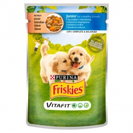 Friskies консервы для щенков с курицей и морковью в подливе 100г Пауч 800861 -  Недорогой корм для собак -    