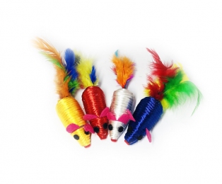 Мышь игрушка для кошек разноцветная нейлон с пером 6см 4 шт NT662N - Игрушки для котов
