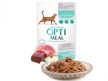 Optimeal Влажный корм для выведения шерсти у кошек с уткой и печеным яблоком в желе 12 шт 85г -  Оptimeal консервы для кошек 