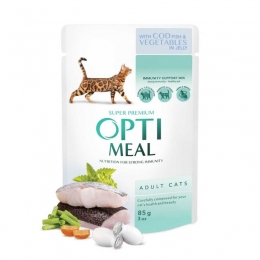 Optimeal консерва для кошек с треской и овощами в желе 85г -  Влажный корм для котов -  Ингредиент: Треска 