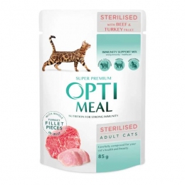 Optimeal Вологий корм для стерилізованих котів з яловичиною та філе індички в желе 85г -  Вологий корм для котів -   Інгредієнт Яловичина  