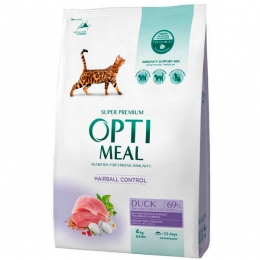 OptiMeal Duck Hairball Control Cat Сухой корм для кошек для выведения шерсти из ЖКТ с уткой -  Корм Оптимил для котов 