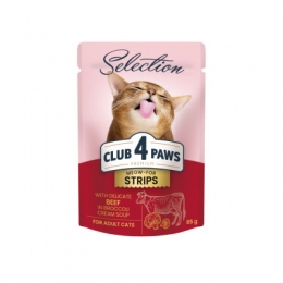 Акция Влажный корм Club 4 paws 85г Полоски для кошек с говядиной в супе с брокколи 12шт + 12шт в подарок - Акция Сlub4Paws