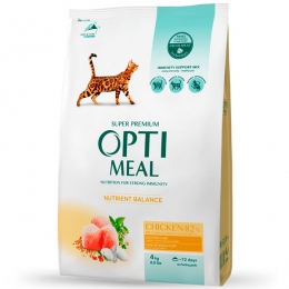 Акция! OptiMeal Chicken Nutrient Balance Cat Сухой корм для котов с курицей, 4 кг - Корм для кошек при выпадении шерсти