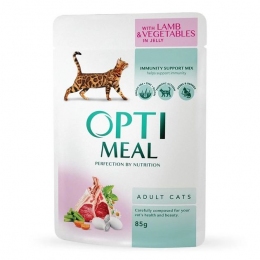 АКЦИЯ Optimeal Влажный корм для взрослых кошек со вкусом Ягнёнка и Овощей в желе 85 г -  Влажный корм для котов -  Ингредиент: Ягненок 