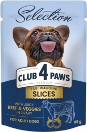 Акция Клуб 4 лапы Premium Selection Влажный корм для собак кусочки с говядиной и овощами в соусе 85 г -  Влажный корм для собак -   Ингредиент: Говядина  