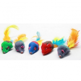 Игрушка для кошек Мышь цветная натуральная с погремушкой и пером 5 см - Игрушки для котов