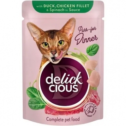 Влажный корм Delickcious для кошек в соусе Кусочки с уткой, куриным филе и шпинатом 85 гр. - Similar products
