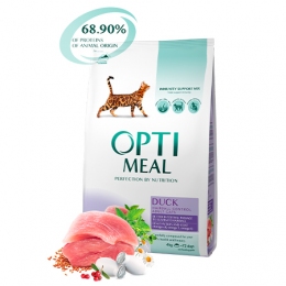 Optimeal сухий корм для дорослих кішок з ефектом виведення шерсті з качкою -  Сухий корм Оптиміл для котів 