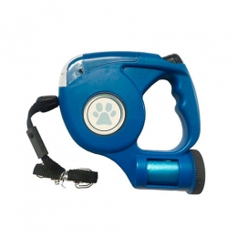 Рулетка с фонариком и пакетами для фекалий 5м/35кг трос синяя - Рулетки для собак