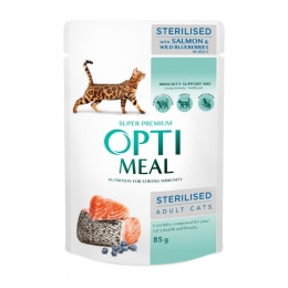 Optimeal Влажный корм для стерилизованных кошек с кусочками из лосося и черники 85г -  Влажный корм для котов -   Потребность: Стерилизованные  