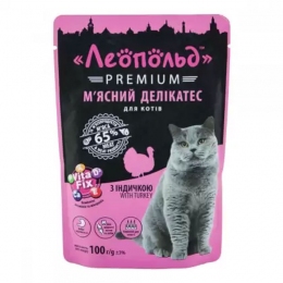Леопольд premium Мясной деликатес с индейкой для кошек 100гр 492355 -  Влажный корм для котов -  Ингредиент: Индейка 